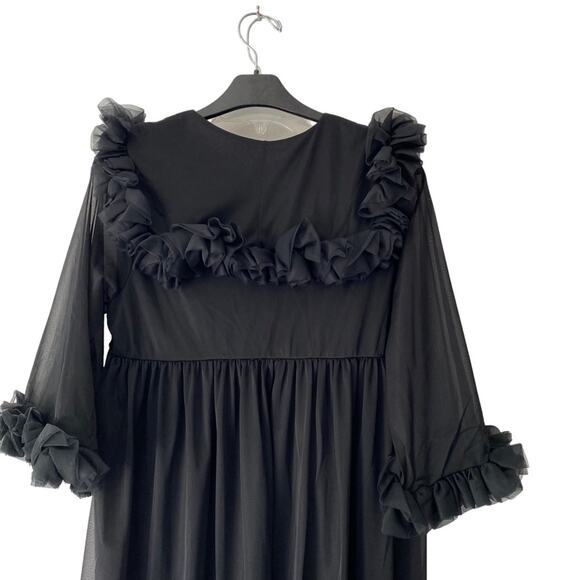 Vintage Black Sheer Peignor Nightgown Robe Ruffle Set size medium 70s Union USA - Picture 6 of 14